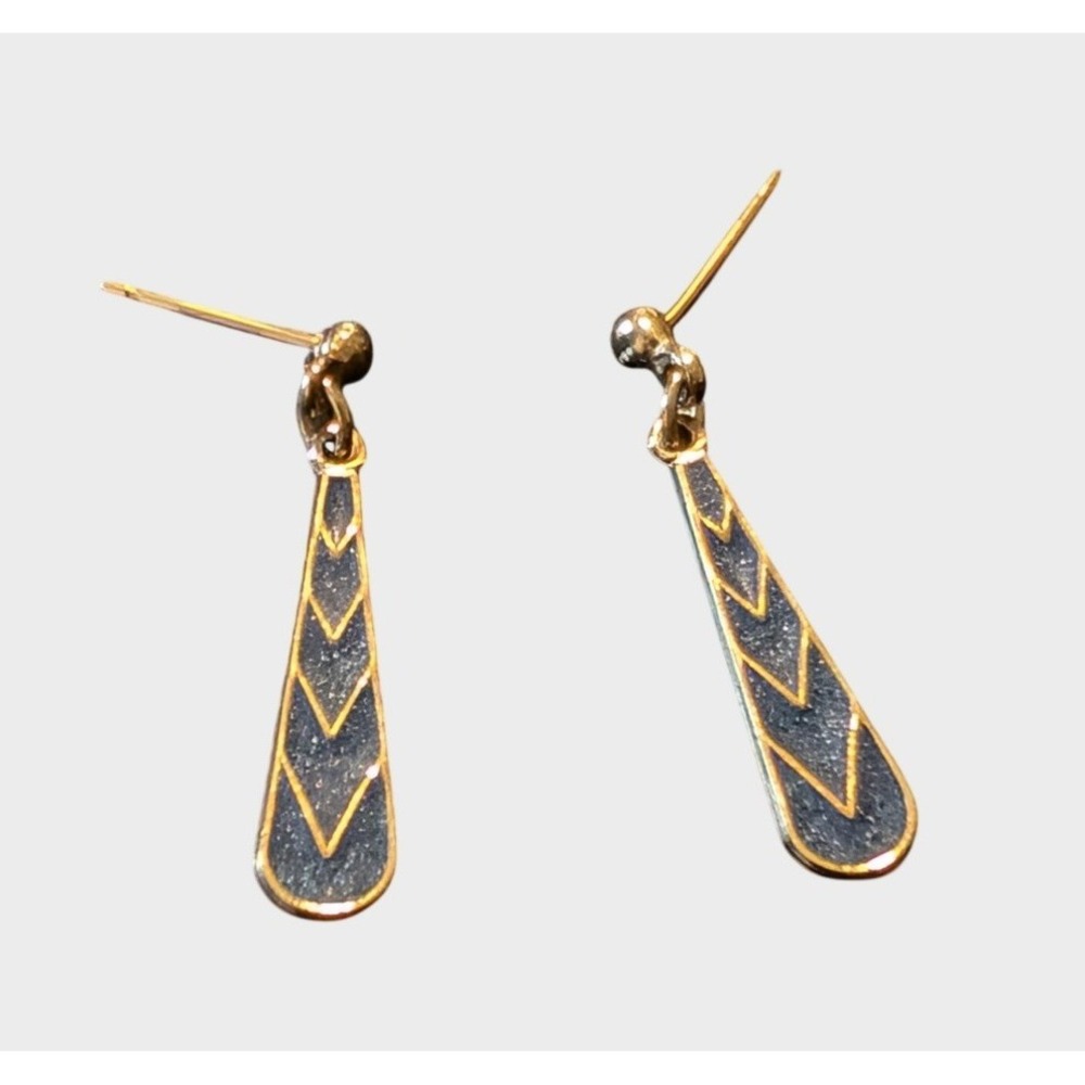 Vintage Blue Enamel Pierced Earrings Gold Tone Chevron Drop Dangle Dainty